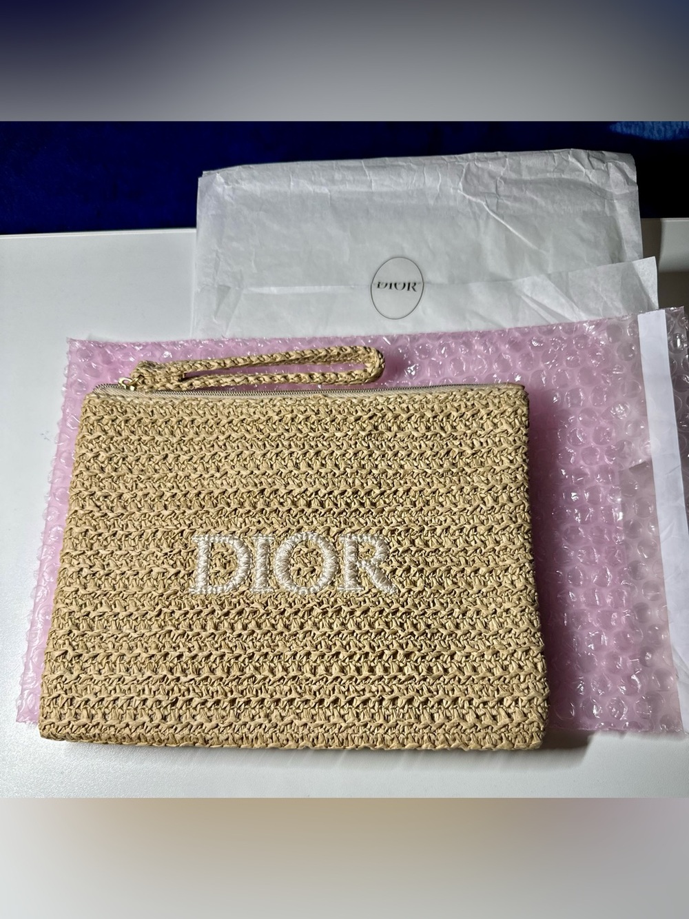 Dior Beige Woven Raffia Wristlet Pouch NWT GWP - Picture 11 of 13